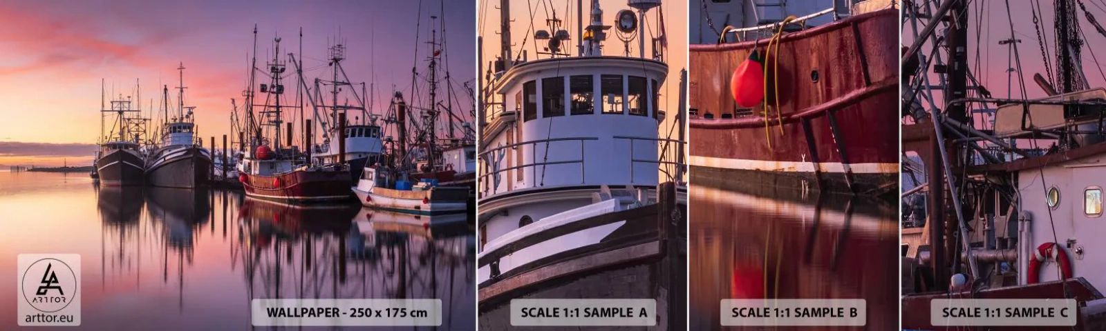 Photo Wallpaper Sample Self-Adhesive Deluxe Sticker - Before Dawn - Fisherman's Port, Boats, Fishing - 100x30 cm