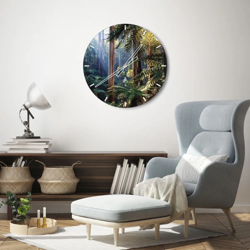 Wall clock - Clock on glass - Tropical rainforest with tall trees and ferns - 30x30cm - Tale of a Forest - Modern wall decoration for the living room, kitchen, and bedroom ARTTOR