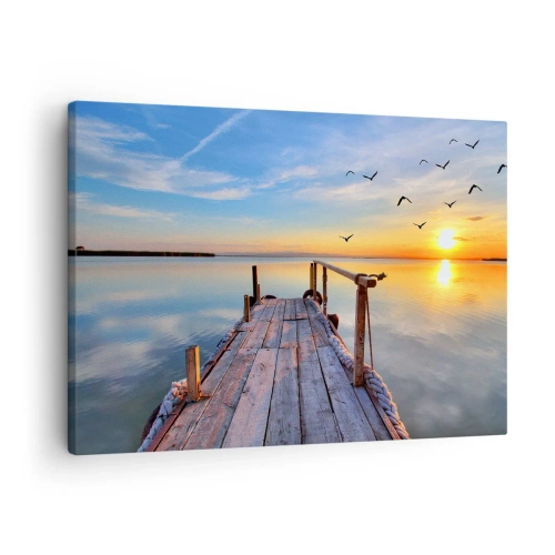 Canvas picture - Wooden pier at sunset on a calm lake - 70x50cm - Walk towards the Sun - Modern wall decoration for the living room and bedroom ARTTOR