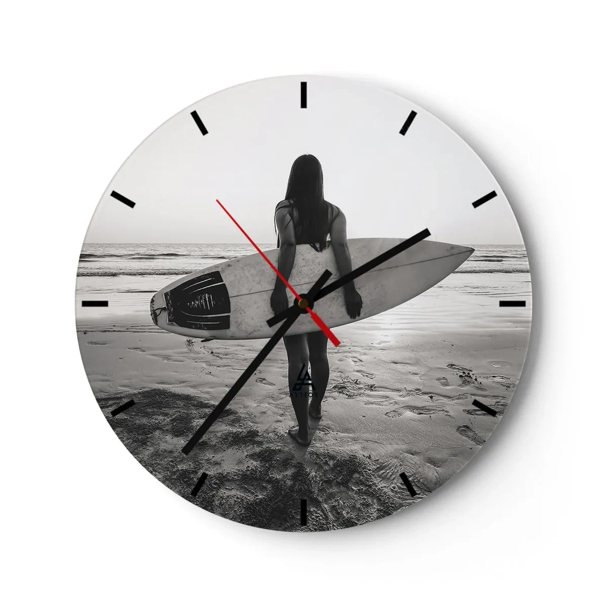 Wall clock - Clock on glass - Minimalist abstraction with black lines and a red circle. - 30x30cm - Daughter of Sea Wave - Modern wall decoration for the living room, kitchen, and bedroom ARTTOR