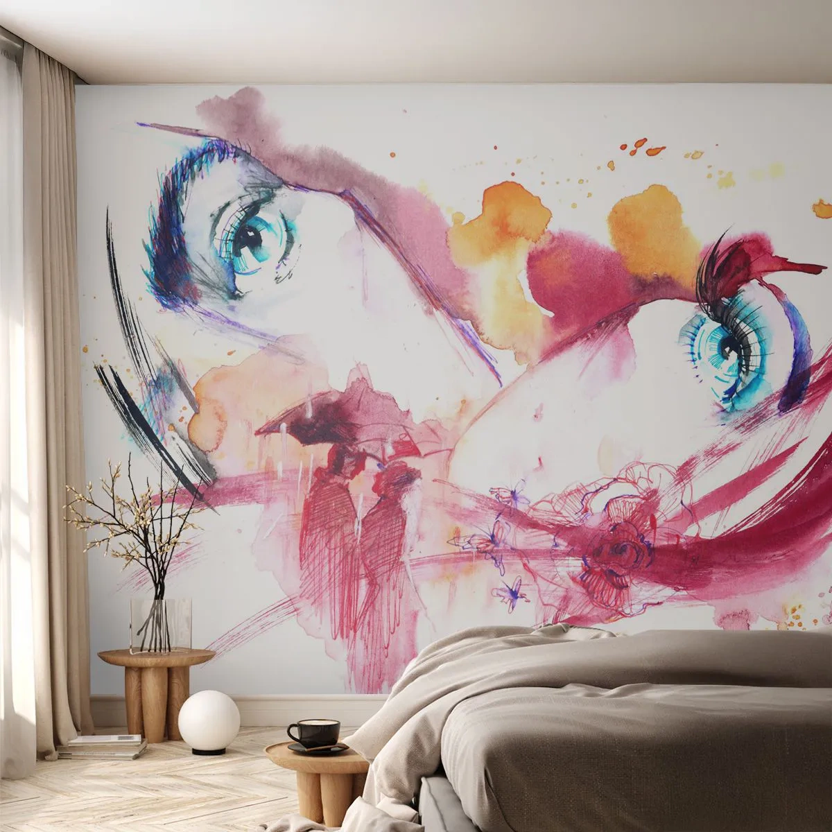 Photo Wallpaper Premium Sand - In Close-up the World Is Blooming  - Abstraction, Woman's Face, Female Eyes - 300x210 cm