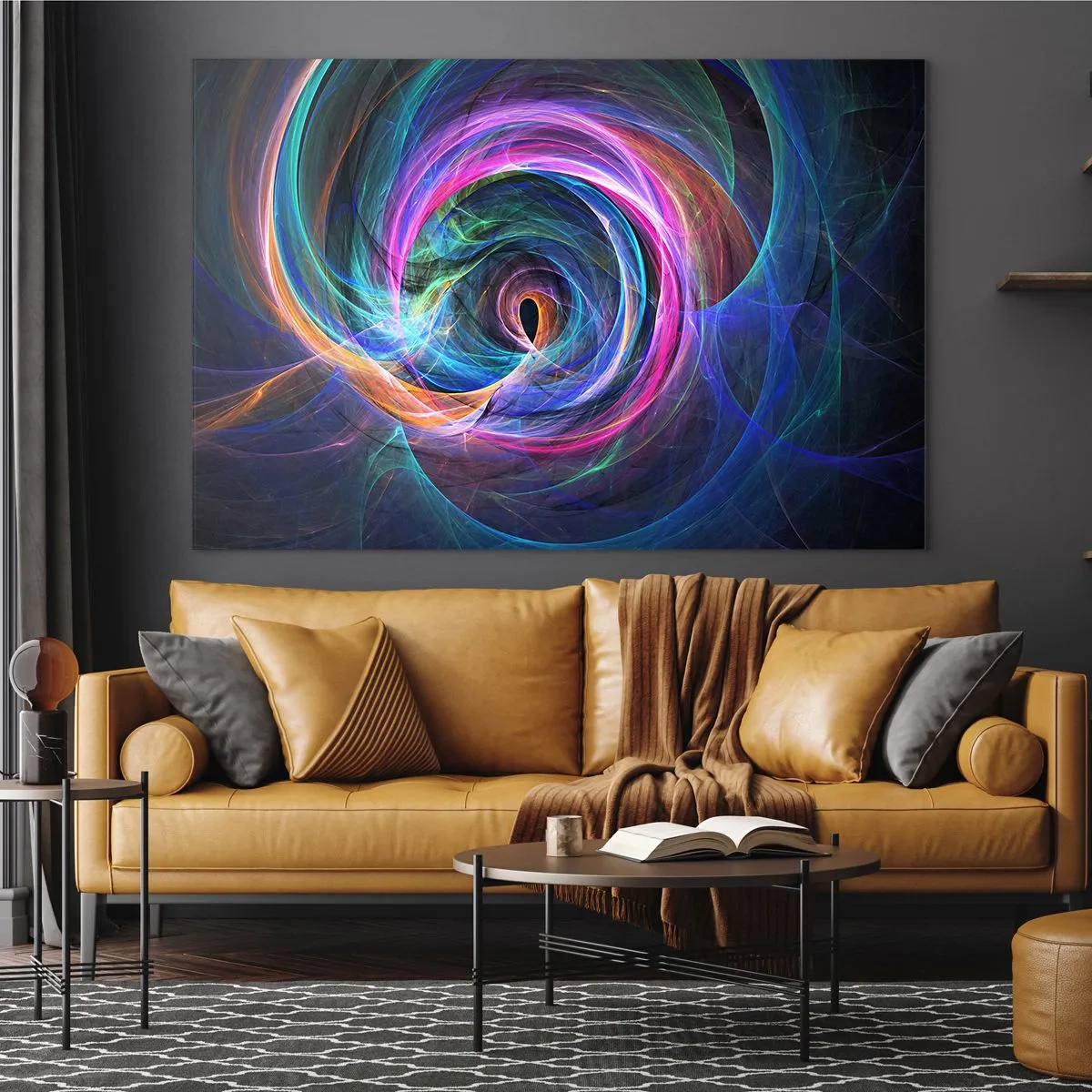 Glass picture - An abstract spiral in intense colors on a dark background. - 70x50cm - Where Are You Taking Me? - Modern wall decoration for the living room and bedroom ARTTOR