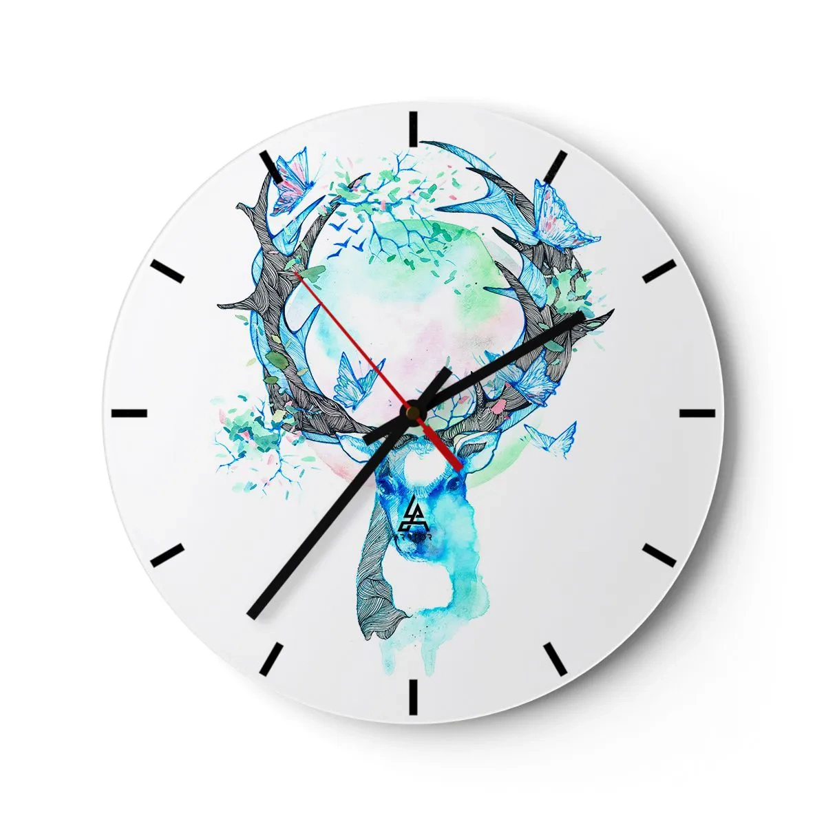 Wall clock - Clock on glass - Artistic deer with branches and butterflies on a white background - 30x30cm - Power and Gentleness of Nature - Modern wall decoration for the living room, kitchen, and bedroom ARTTOR