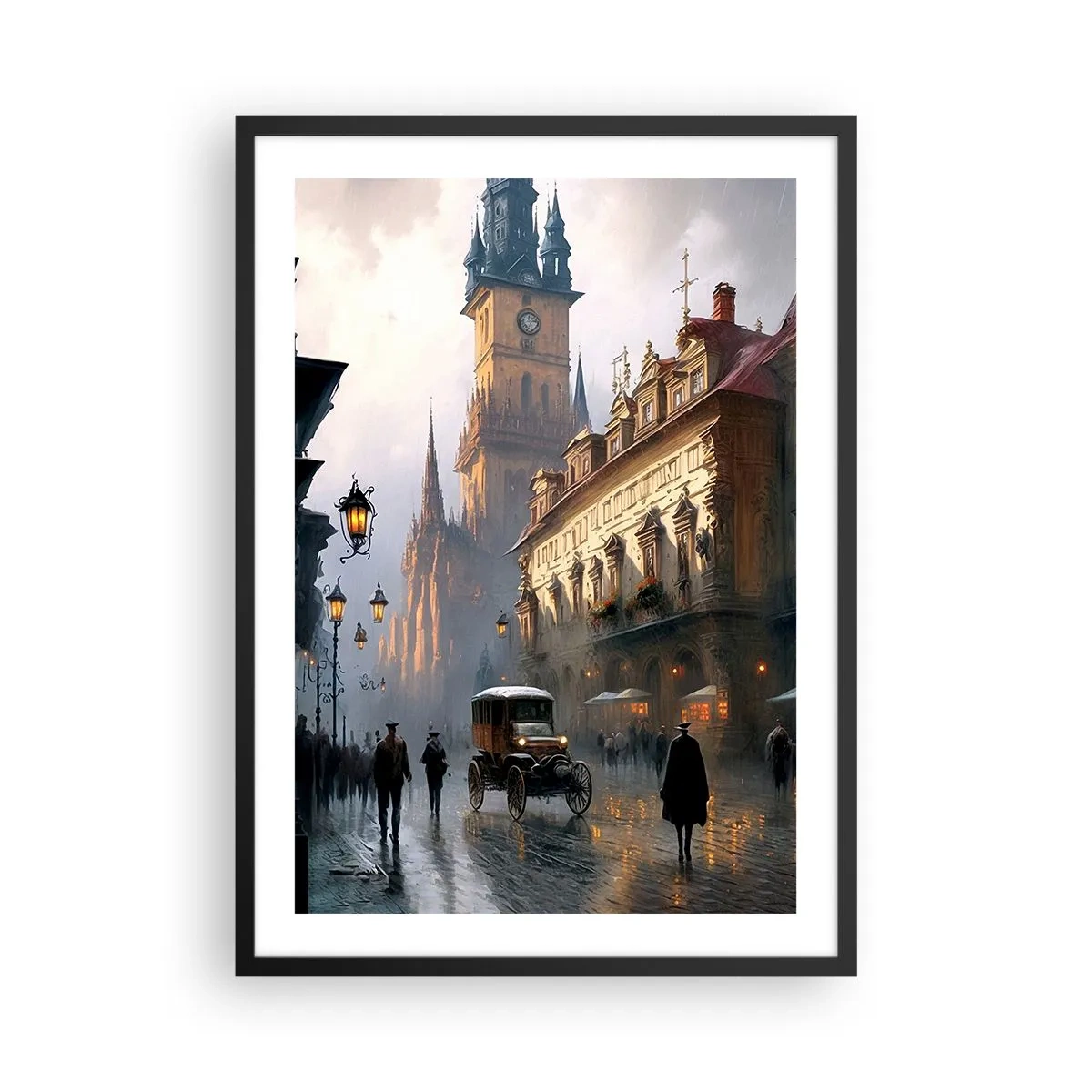 Poster in black frame - Historic city at dusk with a historic vehicle - 50x70cm - Charm of Evening in Prague - Modern wall decoration for the living room and bedroom ARTTOR