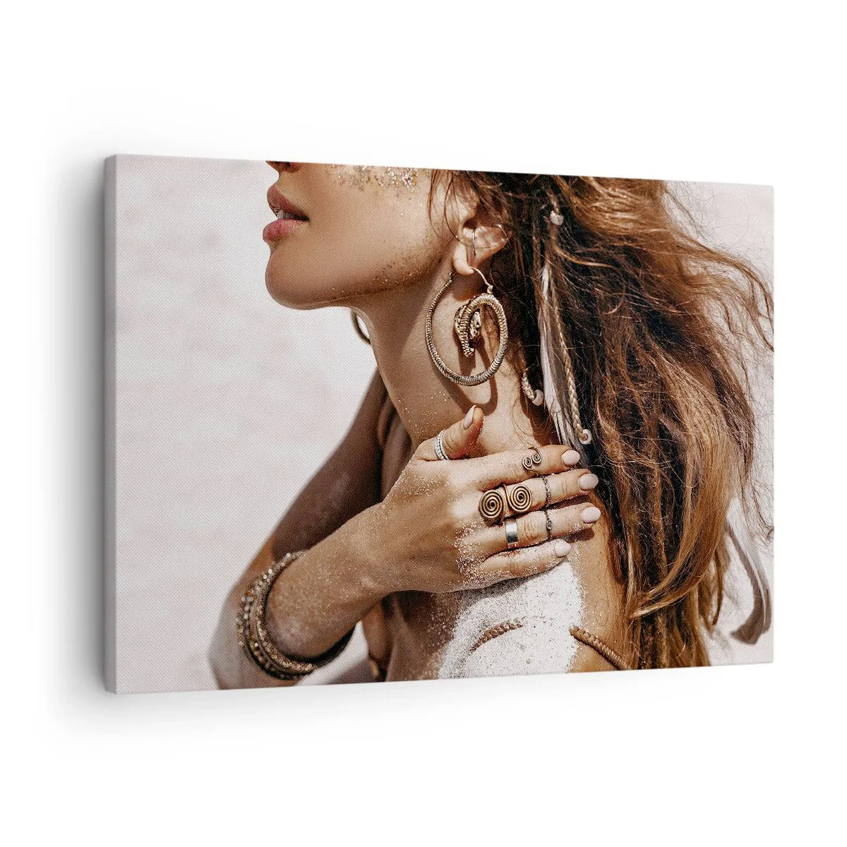Canvas picture - Stylish woman with jewelry against a background of light sand - 70x50cm - Queen of a Wild Beach - Modern wall decoration for the living room and bedroom ARTTOR