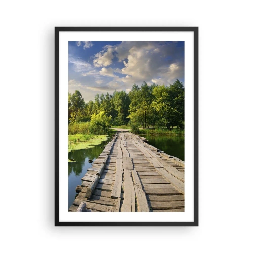 Poster in black frame - A wooden bridge over a river surrounded by greenery - 50x70cm - Summer Everywhere - Modern wall decoration for the living room and bedroom ARTTOR