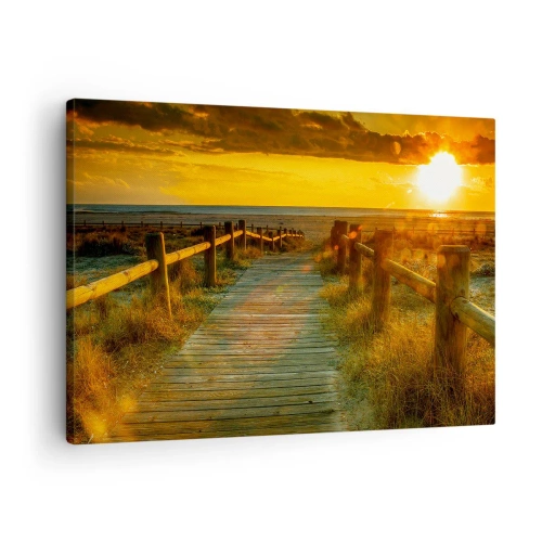 Canvas picture - A wooden path leading to the beach in the glow of the setting sun - 70x50cm - Bathed in Old Gold - Modern wall decoration for the living room and bedroom ARTTOR