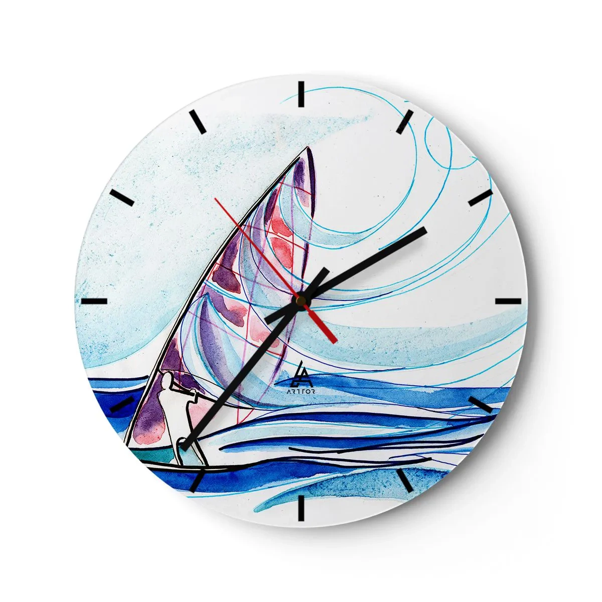Wall clock - Clock on glass - A sailboat on a stormy sea in a dynamic, abstract form - 30x30cm - In the Rhythm of the Waves - Modern wall decoration for the living room, kitchen, and bedroom ARTTOR