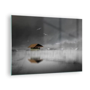 Glass picture - A house on the water in the fog with birds flying - 70x50cm - Shelter from the Rain - Modern wall decoration for the living room and bedroom ARTTOR