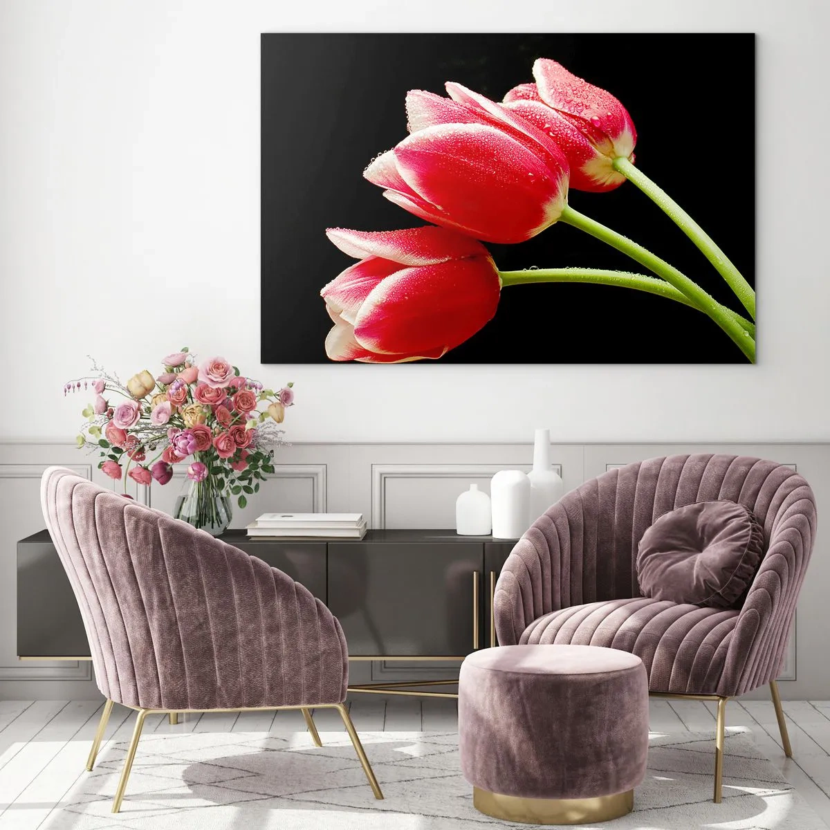 Glass picture - Red tulips with dew drops on a black background - 70x50cm - Promise of Pure Love - Modern wall decoration for the living room and bedroom ARTTOR