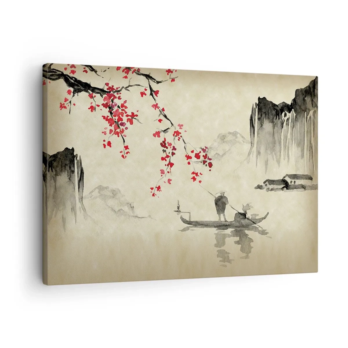 Canvas picture - Oriental illustration with a boat and a flowering branch - 70x50cm - In Cherry Blossom Country - Modern wall decoration for the living room and bedroom ARTTOR