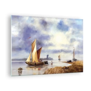 Glass picture - Sailboats on a calm lake with windmills in the background - 70x50cm - Return of Sailors - Modern wall decoration for the living room and bedroom ARTTOR