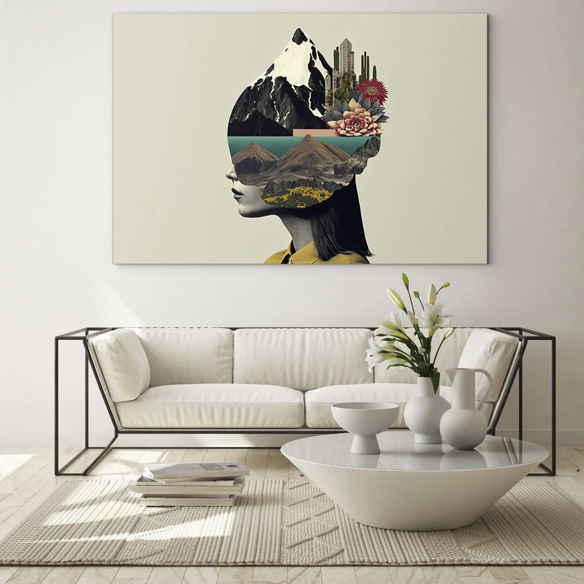 Glass picture - Silhouette of a woman with a mountain landscape and flora in her head - 70x50cm - Woman - Always a Mystery - Modern wall decoration for the living room and bedroom ARTTOR