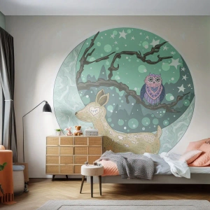 Photo Wallpaper Standard Eco - A fairytale illustration of a roe deer and an owl against the background of a night forest - 100x70cm - Fairytale Night in a Forest - Modern wall decoration for the living room and bedroom ARTTOR