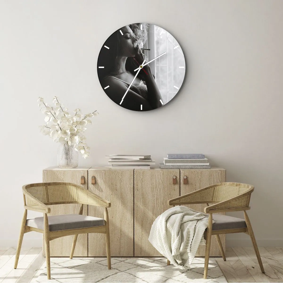 Wall clock - Clock on glass - A woman smoking a cigarette by the window in black and white - 30x30cm - Sensual Moment - Modern wall decoration for the living room, kitchen, and bedroom ARTTOR