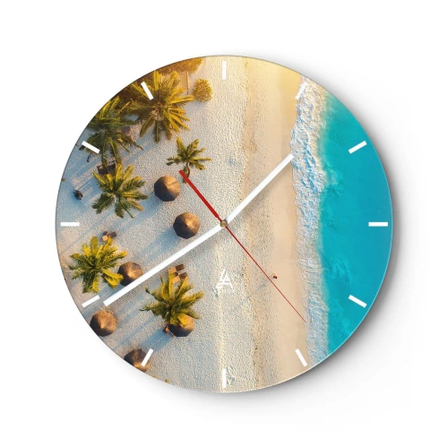Wall clock - Clock on glass - Top view of the beach with palm trees and turquoise sea - 30x30cm - Welcome to Paradise - Modern wall decoration for the living room, kitchen, and bedroom ARTTOR