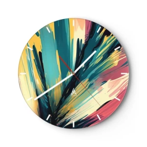 Wall clock - Clock on glass - An explosion of colors in the style of expressive brushstrokes. - 30x30cm - Composition -Explosion of Joy - Modern wall decoration for the living room, kitchen, and bedroom ARTTOR