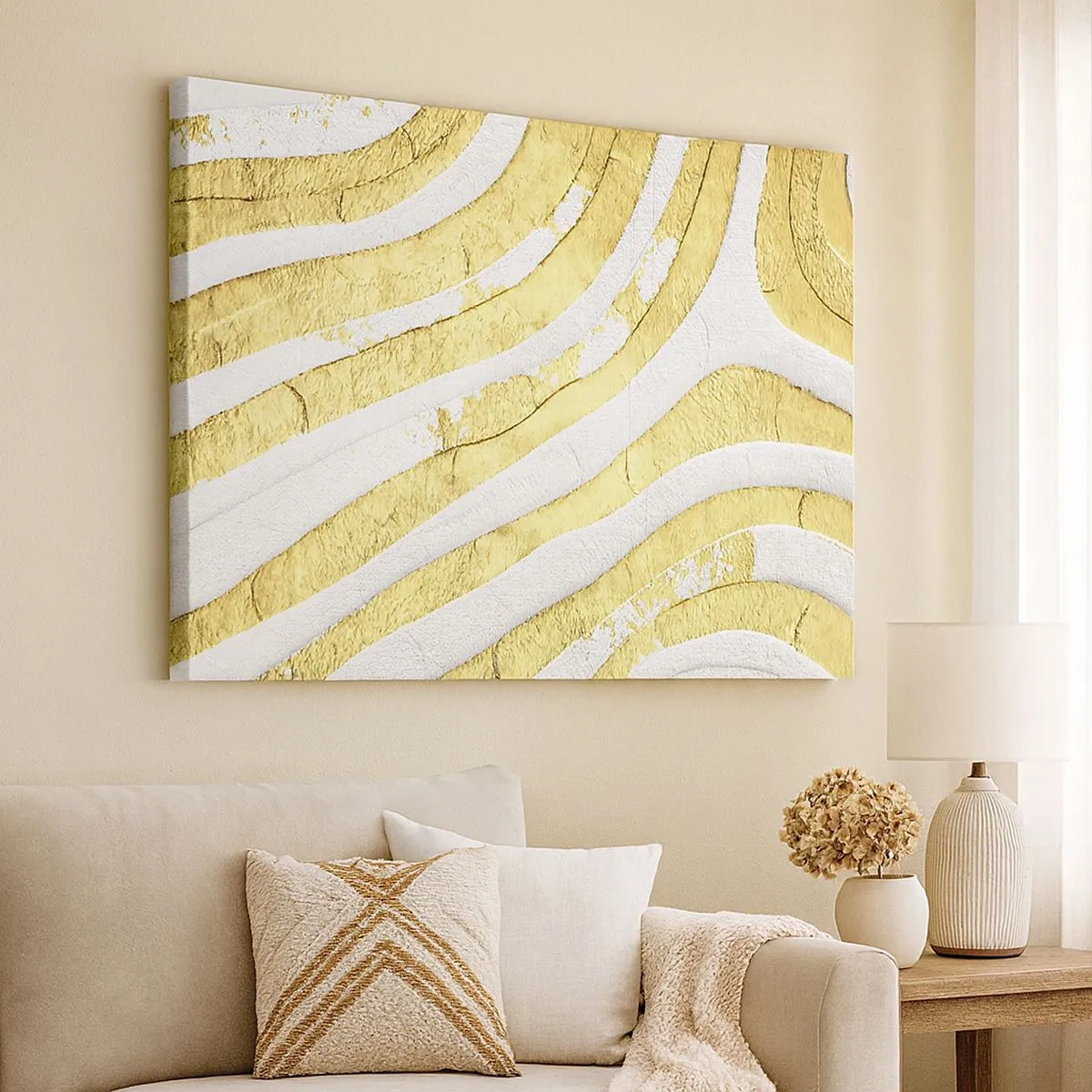 Canvas picture - Gold and white abstract lines in a 3D texture - 70x50cm - Composition in White and Gold - Modern wall decoration for the living room and bedroom ARTTOR