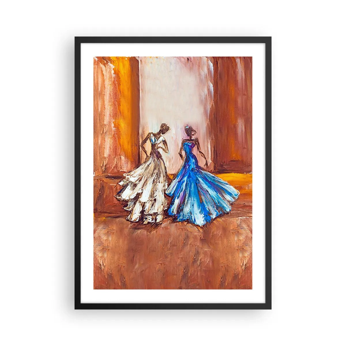 Poster in black frame - Two women in dresses against the backdrop of a golden interior - 50x70cm - Charming Duo - Modern wall decoration for the living room and bedroom ARTTOR