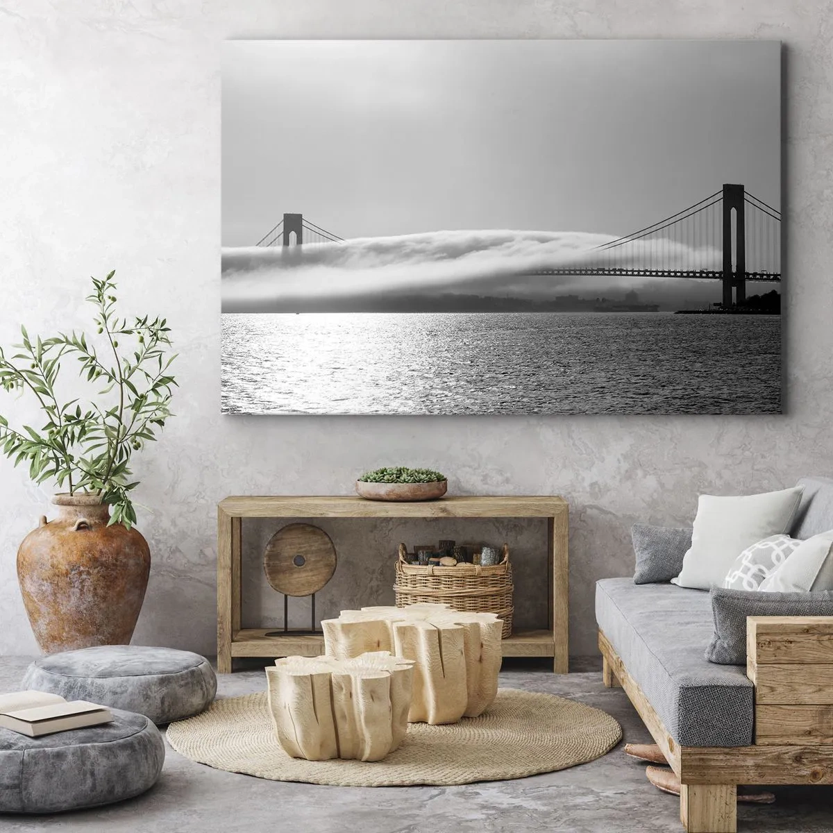 Canvas picture - A bridge over water shrouded in fog in a black and white shot - 70x50cm - Sailing through the Golden Gate - Modern wall decoration for the living room and bedroom ARTTOR