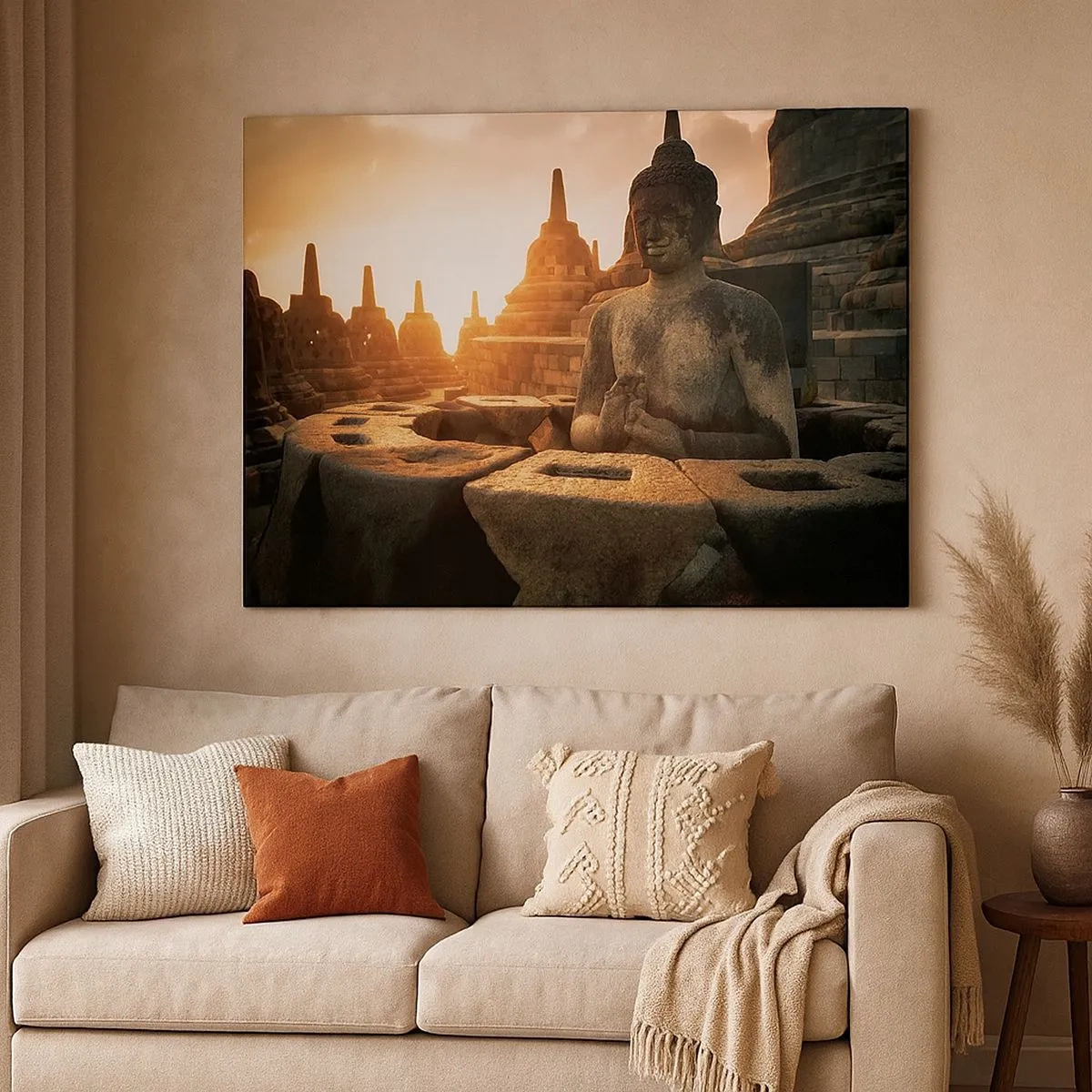 Canvas picture - Buddha statue at Borobudur Temple at sunset - 70x50cm - Weather of Great Wisdom - Modern wall decoration for the living room and bedroom ARTTOR