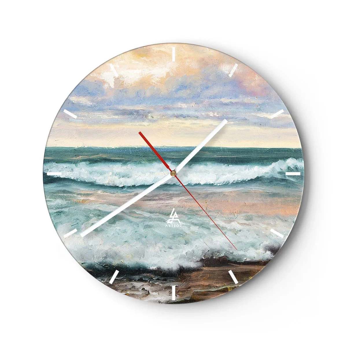 Wall clock - Clock on glass - Sea waves against a pastel sky in a painterly style - 30x30cm - Here You Will Smooth Your Soul - Modern wall decoration for the living room, kitchen, and bedroom ARTTOR
