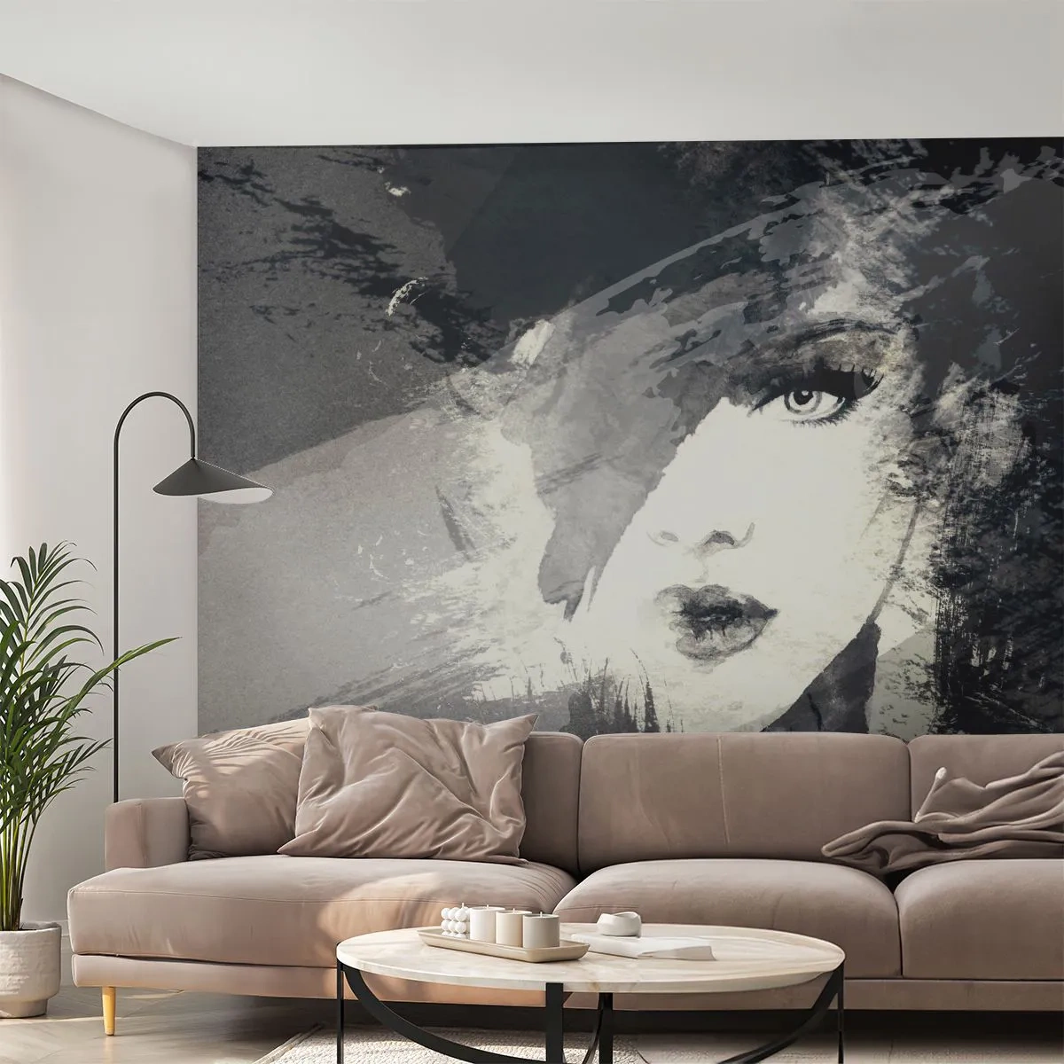 Photo Wallpaper Standard Eco - From Behind Grey Voile - Woman's Face, Black and white, Eyes - 200x140 cm