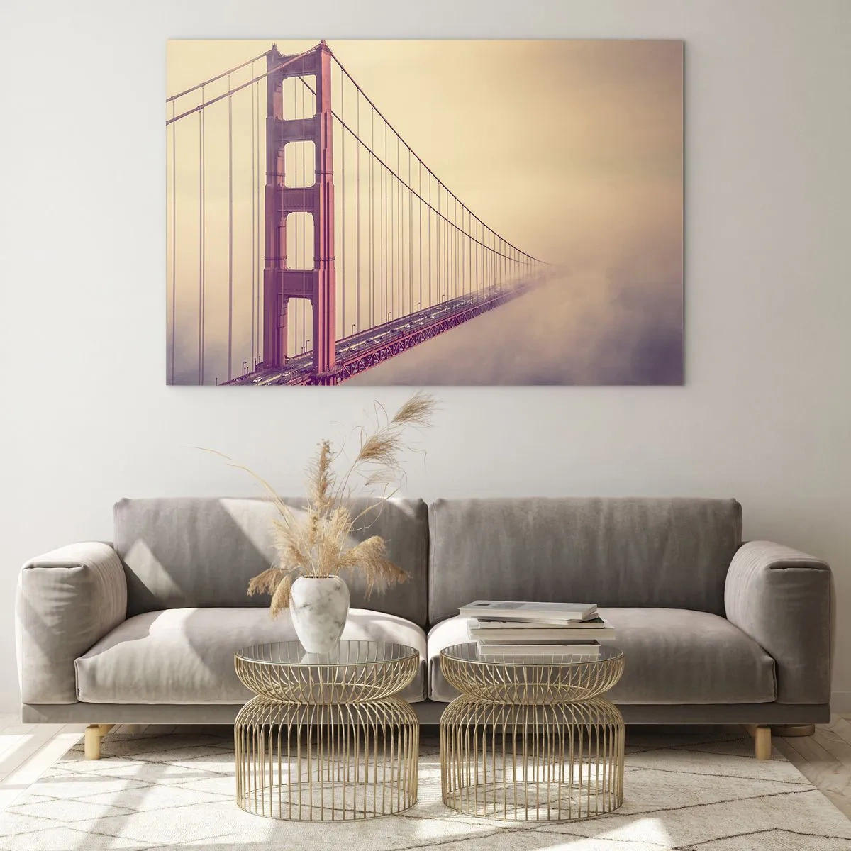 Glass picture - San Francisco's Golden Gate Bridge in a foggy landscape - 70x50cm - Between Heaven and Earth - Modern wall decoration for the living room and bedroom ARTTOR