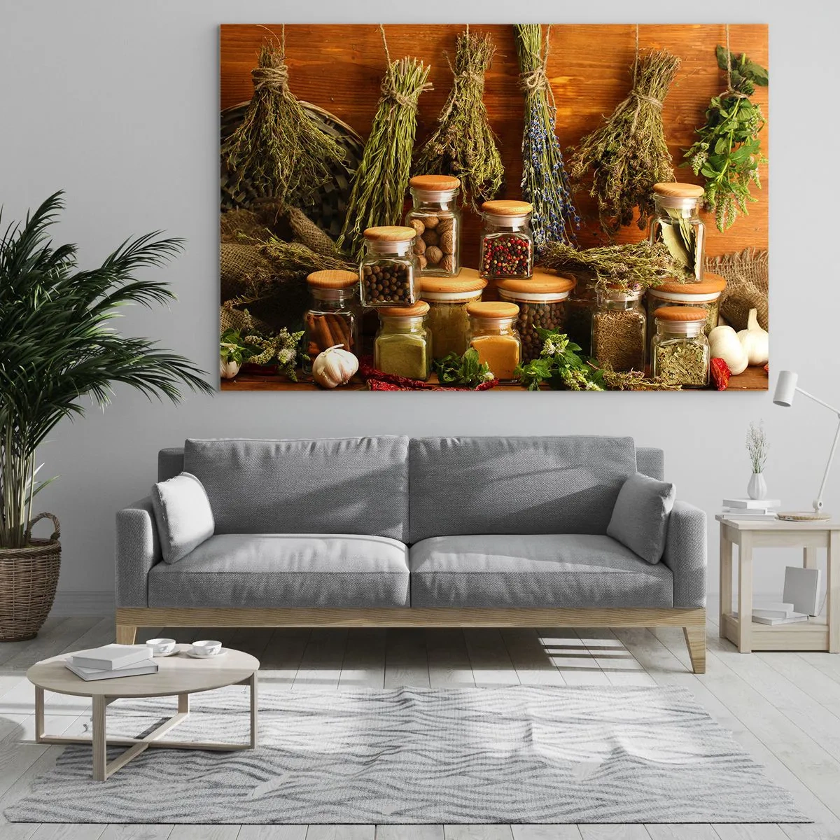 Glass picture - Herbs and spices in jars on a wooden background - 70x50cm - Kitchen Magic - Modern wall decoration for the living room and bedroom ARTTOR