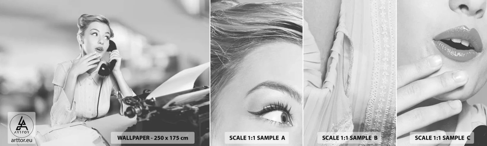 Photo Wallpaper Sample Self-Adhesive Deluxe Sticker - Hello, Here Come the 50-ies - Vintage, Black and white, Retro - 100x30 cm