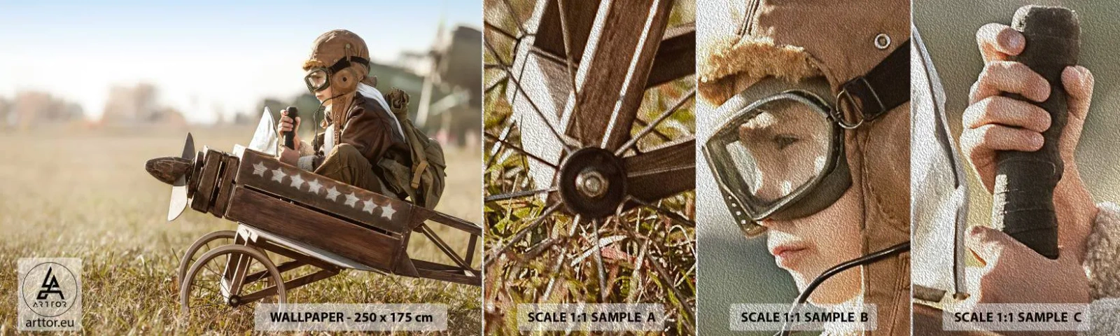 Photo Wallpaper Sample Premium Sand - Take off for a Dream - Boy, Plane, Vintage - 100x30 cm