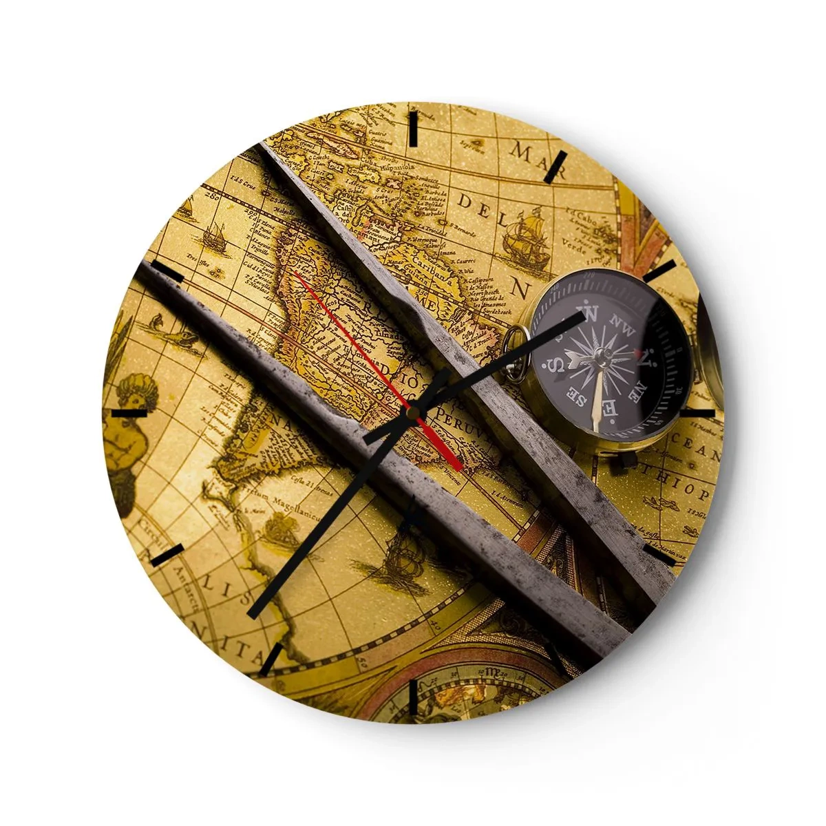 Wall clock - Clock on glass - Antique map with compass and compass - 30x30cm - With a Compass through the Seas - Modern wall decoration for the living room, kitchen, and bedroom ARTTOR