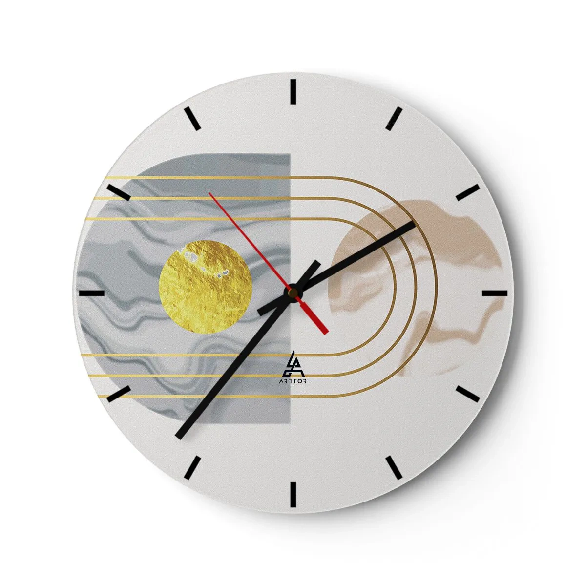 Wall clock - Clock on glass - Golden lines and a circle on a light background with a geometric pattern - 30x30cm - Brightness nad Shine - Modern wall decoration for the living room, kitchen, and bedroom ARTTOR
