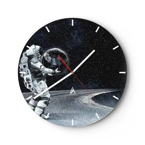 Wall clock - Clock on glass - An astronaut standing on the moon holding the Earth in his hands - 30x30cm - On the Milky Way - Modern wall decoration for the living room, kitchen, and bedroom ARTTOR