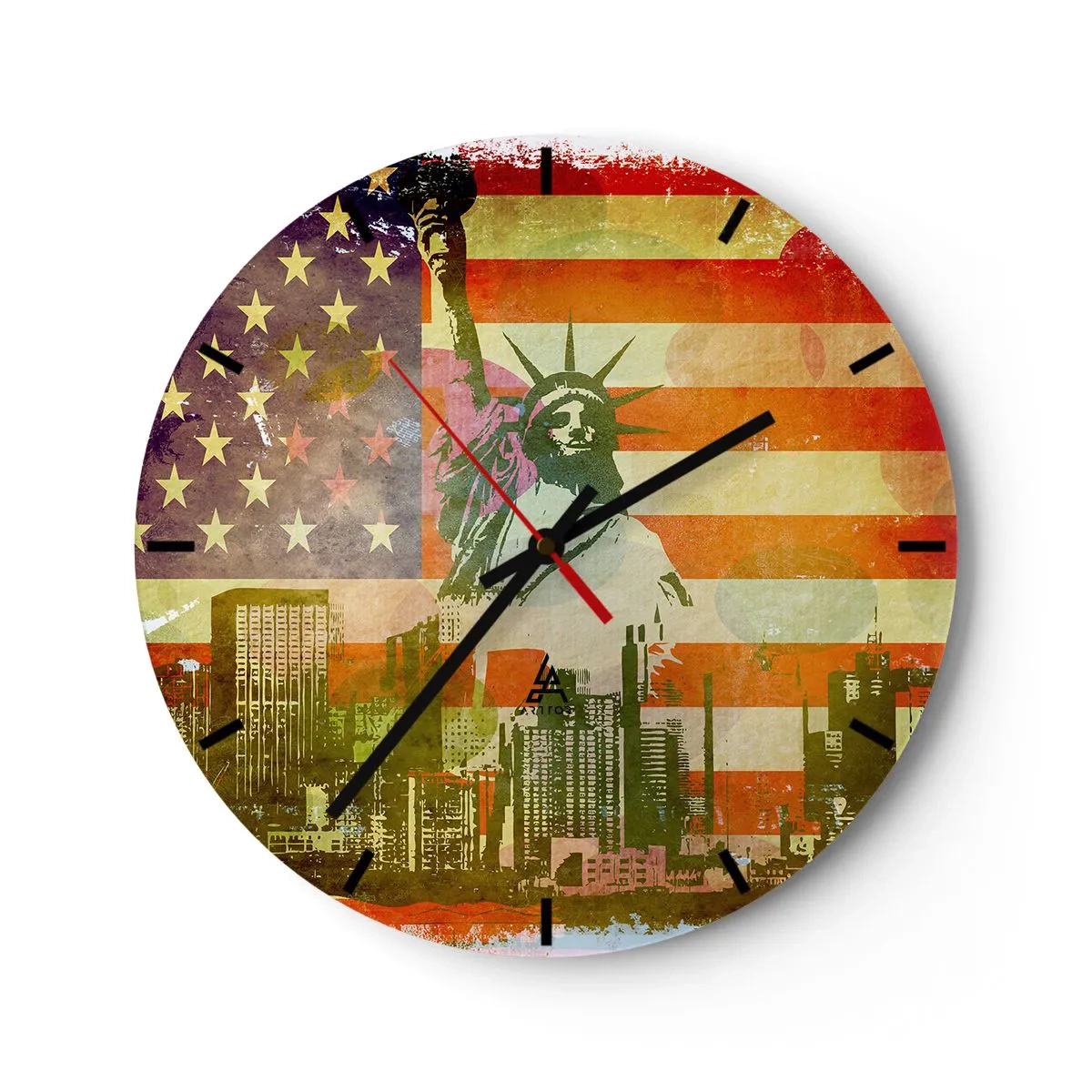 Wall clock - Clock on glass - The Statue of Liberty against the backdrop of the US flag and cityscape - 30x30cm - Viva America! - Modern wall decoration for the living room, kitchen, and bedroom ARTTOR