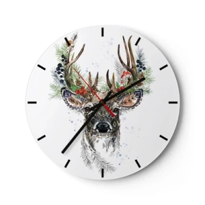 Wall clock - Clock on glass - Stylized deer with decorative antlers - 30x30cm - In Christmas Attire - Modern wall decoration for the living room, kitchen, and bedroom ARTTOR