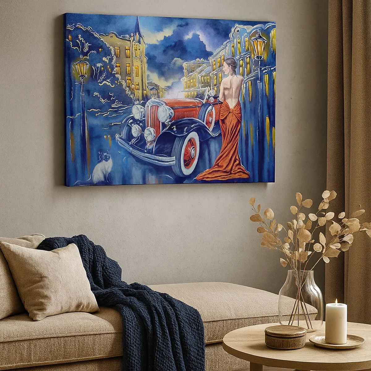 Canvas picture - A woman in an elegant dress by a retro car at night - 70x50cm - Nocturne in Blue and Coral - Modern wall decoration for the living room and bedroom ARTTOR