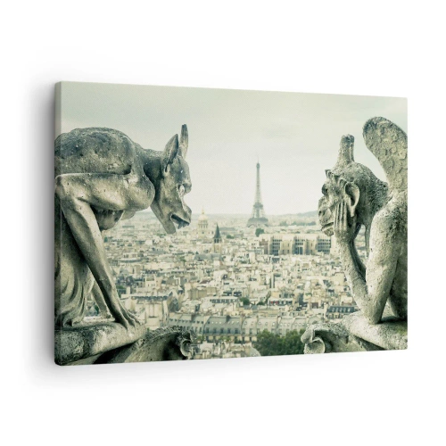 Canvas picture - Gargoyles overlooking the Paris skyline and the Eiffel Tower - 70x50cm - Parisian Talks - Modern wall decoration for the living room and bedroom ARTTOR