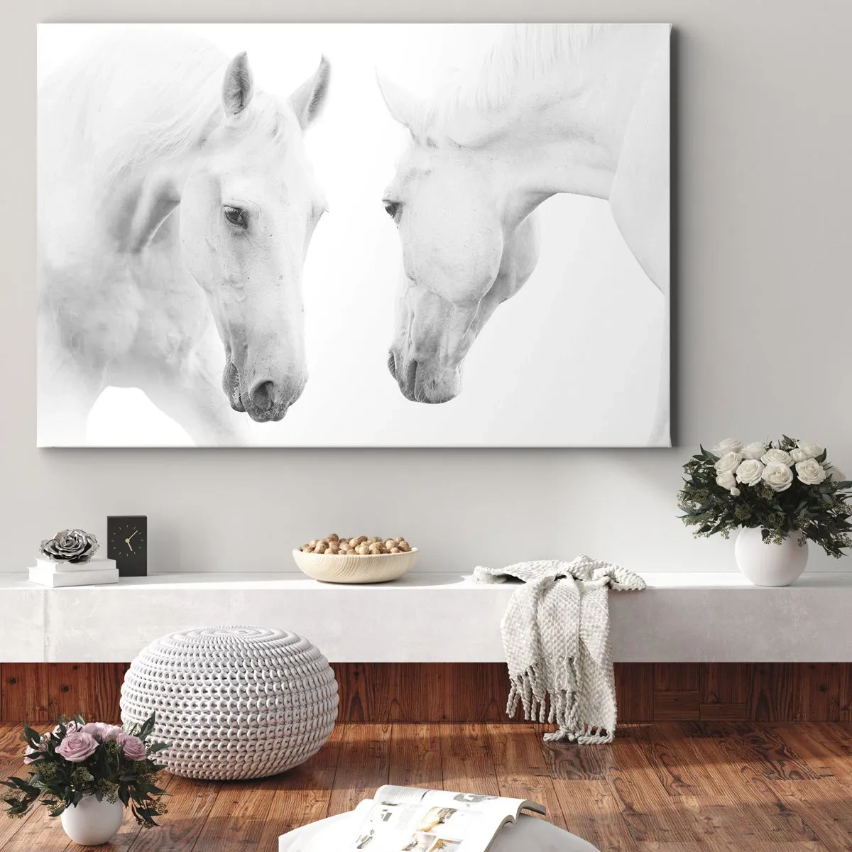 Canvas picture - A minimalist portrait of two white horses - 70x50cm - Is this friendship…? - Modern wall decoration for the living room and bedroom ARTTOR