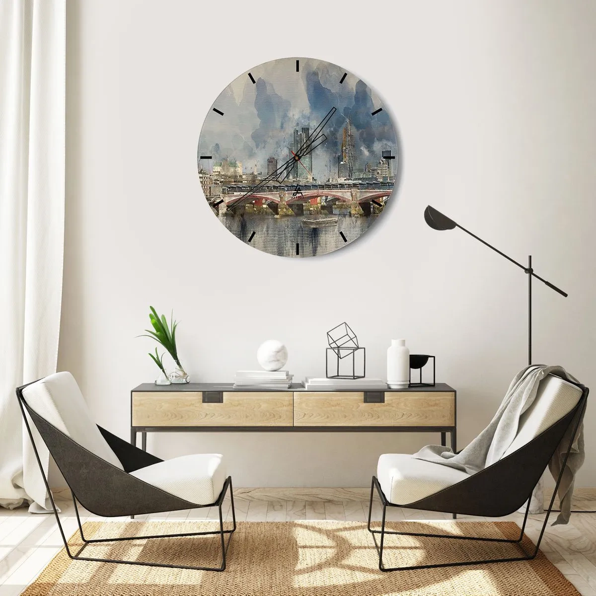 Wall clock - Clock on glass - London Bridge and Skyline in Watercolor Style - 30x30cm - London in Its Beauty - Modern wall decoration for the living room, kitchen, and bedroom ARTTOR