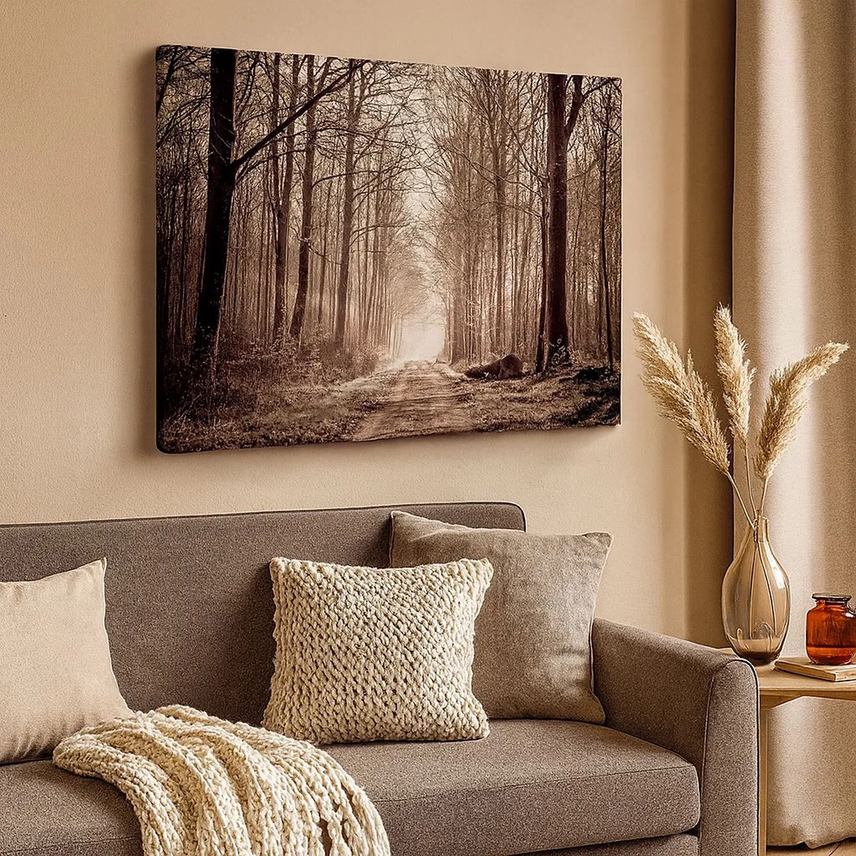 Canvas picture - A forest path among sepia-toned trees - 70x50cm - Cathedral of the Forest - Modern wall decoration for the living room and bedroom ARTTOR