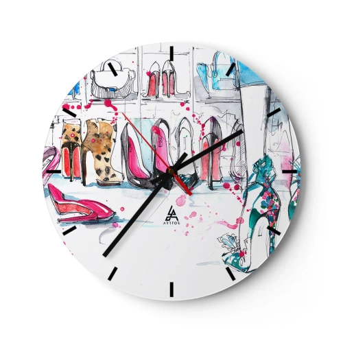 Wall clock - Clock on glass - Stylish high-heeled shoes at an elegant accessories store - 30x30cm - Open, Sesame! - Modern wall decoration for the living room, kitchen, and bedroom ARTTOR