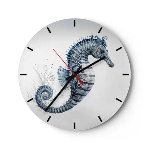 Wall clock - Clock on glass - Decorative seahorse in a cartoon style on a light background - 30x30cm - Subtle Joke of Nature - Modern wall decoration for the living room, kitchen, and bedroom ARTTOR