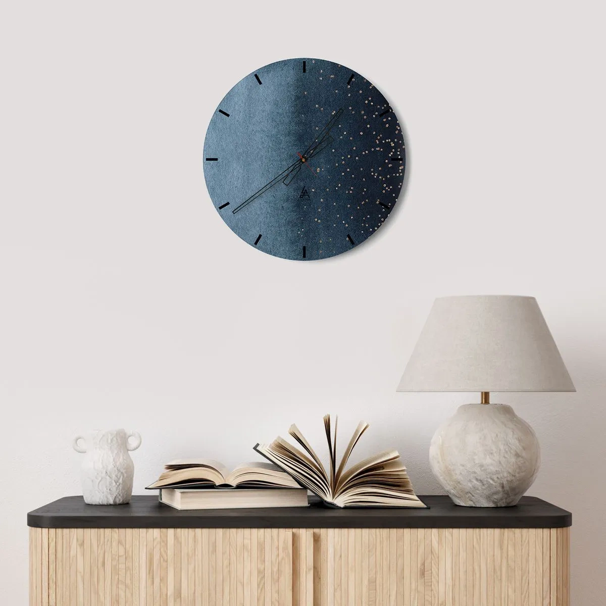 Wall clock - Clock on glass - Navy blue texture with tiny gold dots - 30x30cm - Composition - Blue Phases - Modern wall decoration for the living room, kitchen, and bedroom ARTTOR