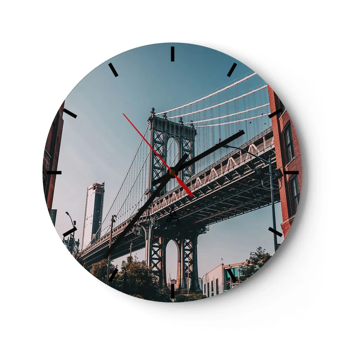 Wall clock - Clock on glass - A suspension bridge over urban development on a sunny day - 30x30cm - Over the City Waves - Modern wall decoration for the living room, kitchen, and bedroom ARTTOR