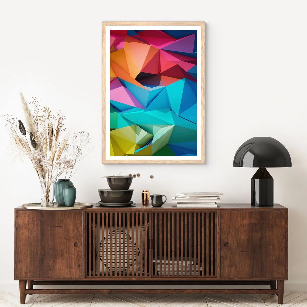 Poster in light oak frame - Rainbow Origami - 40x50 cm