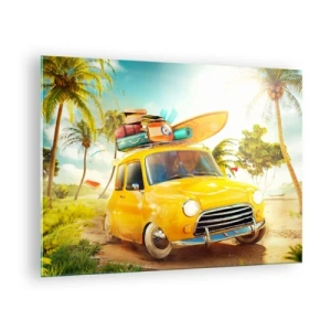 Glass picture - A yellow car with luggage on the roof on a tropical beach. - 70x50cm - Happy Travels - Modern wall decoration for the living room and bedroom ARTTOR
