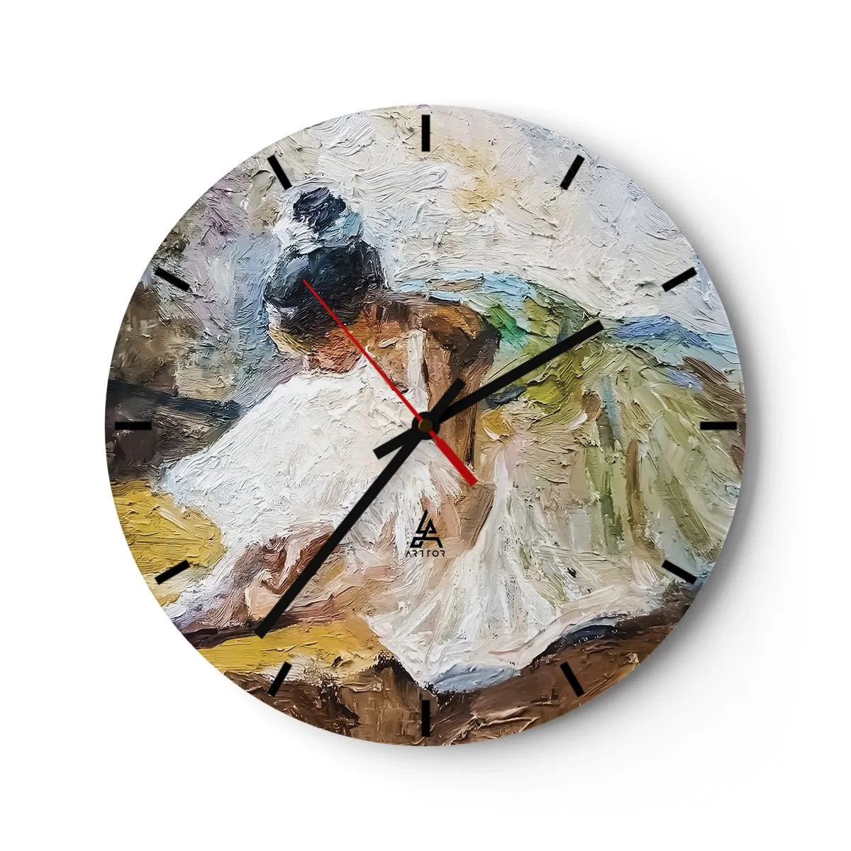 Wall clock - Clock on glass - A ballet dancer in a white dress depicted in an impressionist style. - 30x30cm - From Degas' Painting - Modern wall decoration for the living room, kitchen, and bedroom ARTTOR