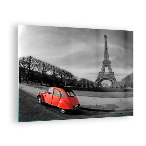 Glass picture - A red car with the Eiffel Tower in the background in a black and white setting - 70x50cm - More Parisian than Paris - Modern wall decoration for the living room and bedroom ARTTOR