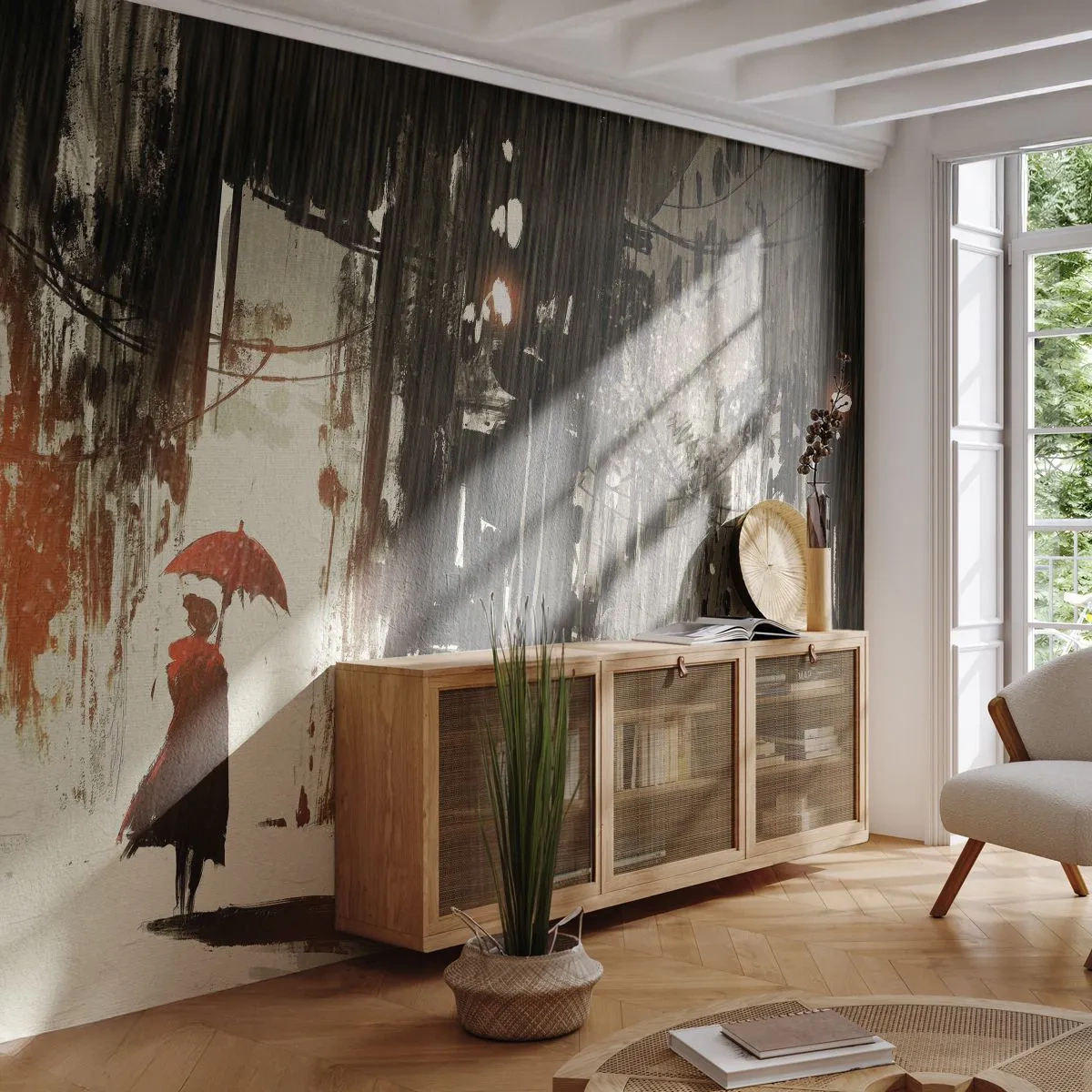 Custom Wallpaper Premium Sand - Poetry of a Red Umbrella - City, Woman, Architecture